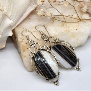 Boho vintage Jewelry Silver 925 Earrings Zebra Jasper Black White Genuine Stones